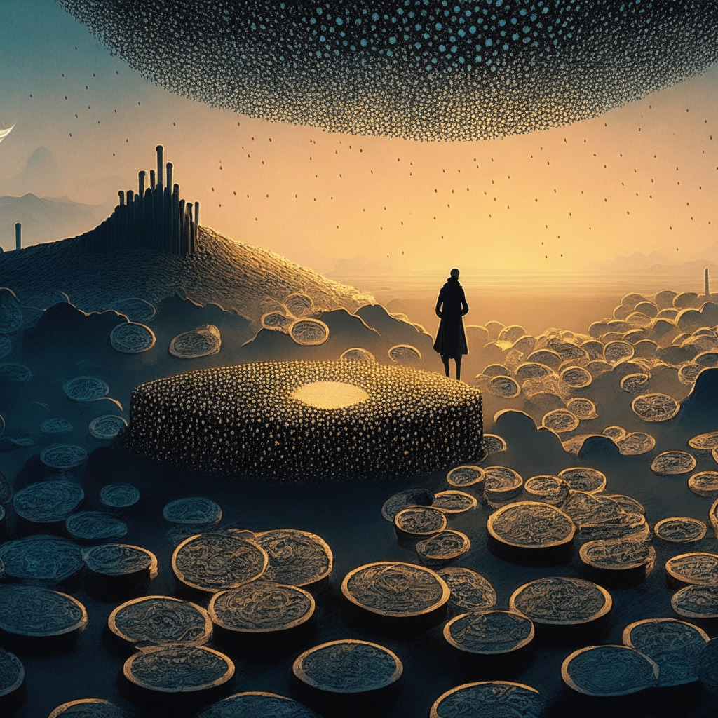 Whimsical crypto landscape at dusk, Cardano coin in the spotlight, circling investors observing from a distance, prominent '$0.25' and '$0.3' barriers, hints of cautious optimism, subtle interplay of light and shadows, underlying unpredictability, abstract representation of market fluctuations, mood conveying decision-making contemplation.