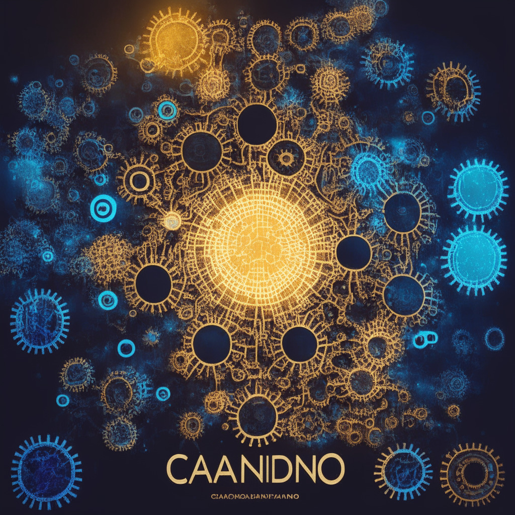 Cardano blockchain growth scene, vibrant rising sun, gears and cogs representing milestones, Marlowe smart contract platform symbol, PoS protocol coins, hydra head protocol, ADA surpassing Ethereum in DeFi, glowing light of decentralization, mood of innovation and rapid expansion, SEC regulatory scrutiny shadow, air of potential risks and rewards.