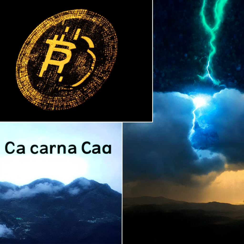 Cryptocurrency turmoil, SEC lawsuit against Cardano (ADA), delisting threats, dark, moody atmosphere, spotlight on Cardano founder Charles Hoskinson, ominous clouds over exchanges, contrast with Ecoterra's bright, sustainable future, recycling, renewable energy, NFT marketplace, dramatic lighting, hint of hope and recovery for ADA.