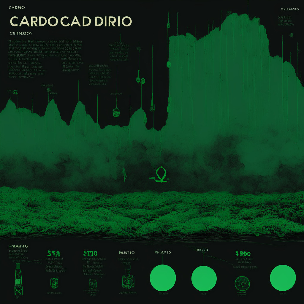 Gloomy market backdrop, Cardano struggling, crucial support levels broken, uncertain recovery, faint whale activity, Ecoterra emerging, Recycle-to-earn, NFT carbon offset, green economy, chiaroscuro lighting, contrasting symbols of hope and despair, sustainability vs. stagnation, muted color palette, tense mood.