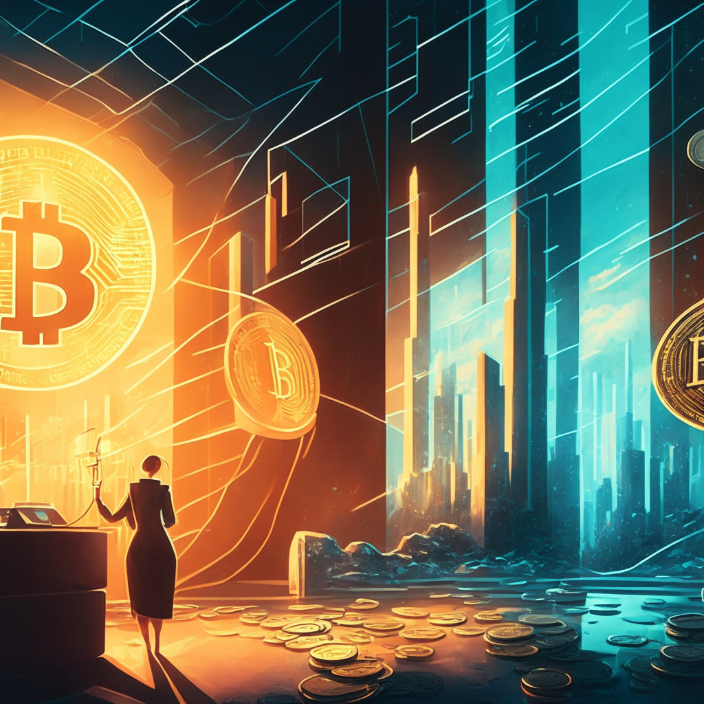 Futuristic financial landscape with digital currencies, prominent crypto exchanges Block & Coinbase, Cathie Wood confidently investing, backdrop of looming SEC lawsuits, warm optimistic light casting a hopeful glow, modern artistic style reflecting innovation and disruption, moody atmosphere symbolizing market volatility and determination.