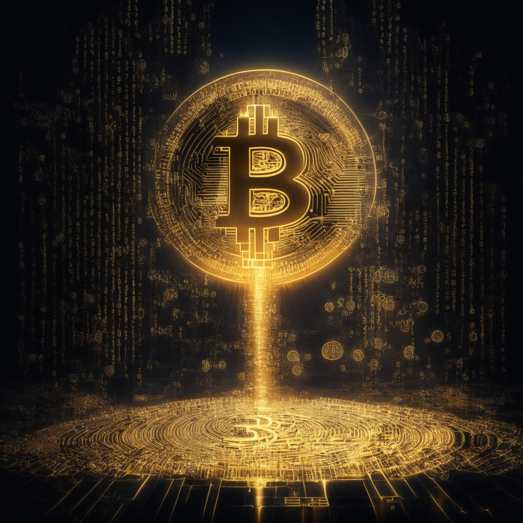 Intricate bitcoin forecast, 2030 milestone, ambient light, sleek digital interface, resilient against chaos, golden glowing digits, optimistic atmosphere, ark-like sanctuary, contrasting legal hurdles, shadowy presence of regulatory challenges, serene confidence, illuminated path towards million-dollar mark.