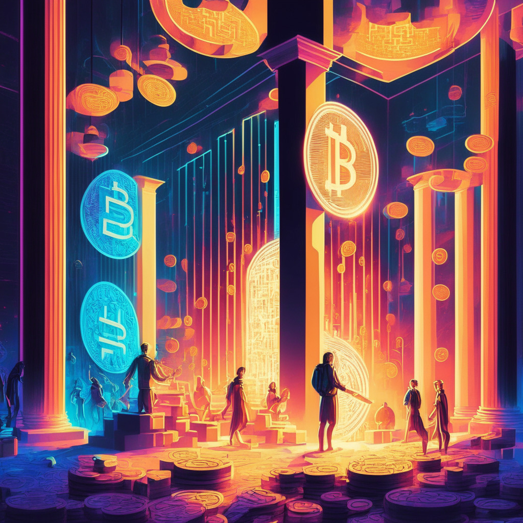 Intricate crypto exchange scene, Coinbase dominance, Bitcoin reaching 1 million, light optimism, contrasting regulatory shadows, colorful illustration of success, serene mood, radiant financial future, symphony of blockchain elements, sleek architectural design, glowing light effects, contrast of cool and warm tones, hint of skepticism.