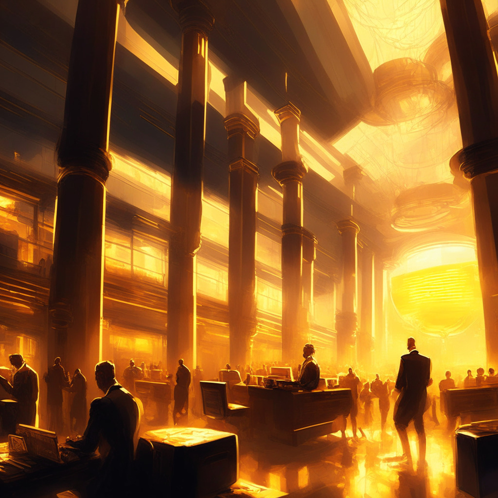 Futuristic trading floor, crypto assets illuminated, traders excitedly engaged, warm golden light, chiaroscuro effect, ethereal glow, energetic mood, secure environment for futures transactions, canvas-style painting, balanced composition, harmony between classical architecture, modern technology, detailed expressions representing market enthusiasm.