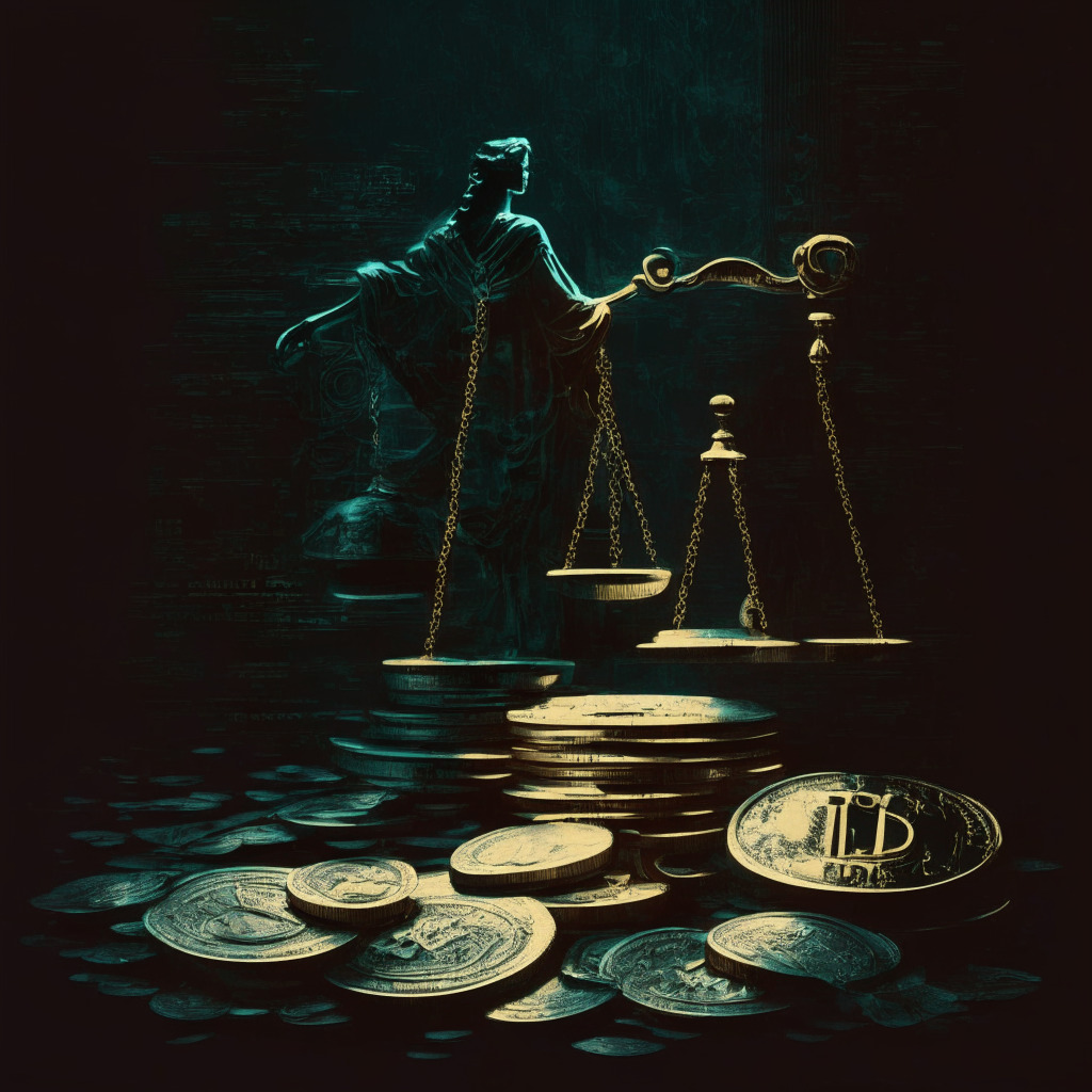 Gavel and glistening coins, celebrity silhouettes endorsing crypto, ethereal glow, high contrast shadows, air of suspicion and potential deceit, blend of vintage and modern art styles, somber mood.