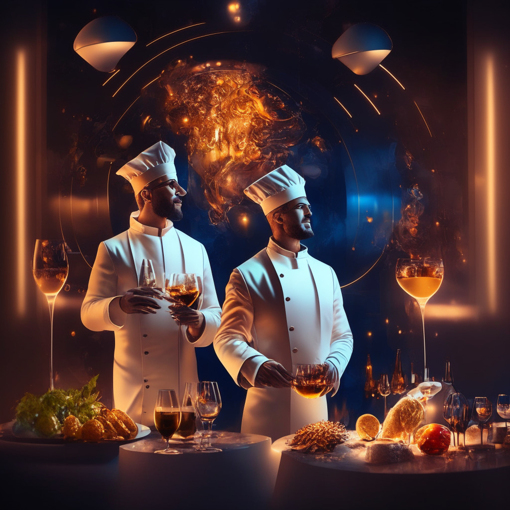 Famous chef & musician in virtual tasting room, warm glowing ambiance, artistic fusion of technology & premium spirits, celebratory mood, digital collectible accents, tiered rewards system, sense of intrigue, reflecting NFT integration in luxury industry, hint of skepticism, focus on unique experience.