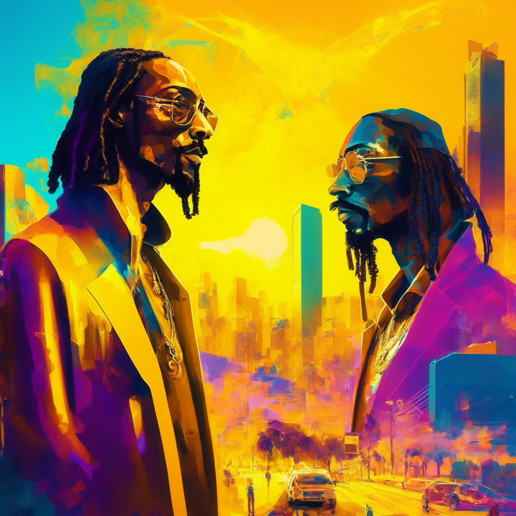 Futuristic urban setting, Snoop Dogg and Coldie collaborating, vibrant colors, cyber motif, expressive brushstrokes, golden sunlight, warm ambience, inspiring mood. NFT artwork being created, hints of blockchain imagery, versatile digital art world, juxtaposition of traditional art and technology. (341 characters)