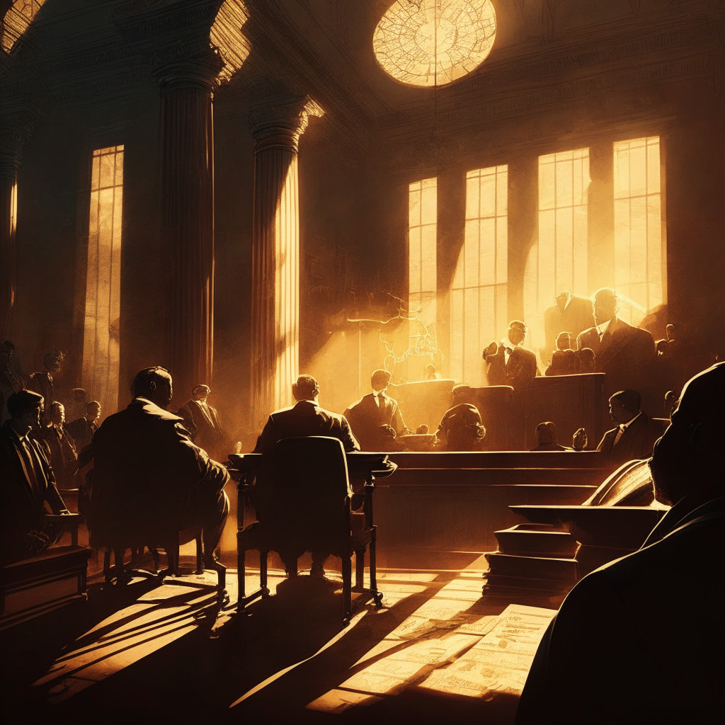 Intricate courtroom scene, golden balance scale, focus on altcoins turning into Bitcoin & Ether, moody chiaroscuro lighting, hint of tension between borrower & lender characters, setting sun casts long shadows, emotionally powerful composition capturing regulatory concerns & restructuring process.