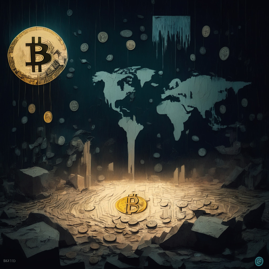A dimly lit, abstract art-inspired scene with a Bitcoin and Ethereum at the forefront, surrounded by altcoins, some slightly faded, representing market turbulence. A scale balances stability and risk, symbolizing the mixed reactions in the crypto community. A faint background of world map implies global implications, creating a serious and conflicting mood.
