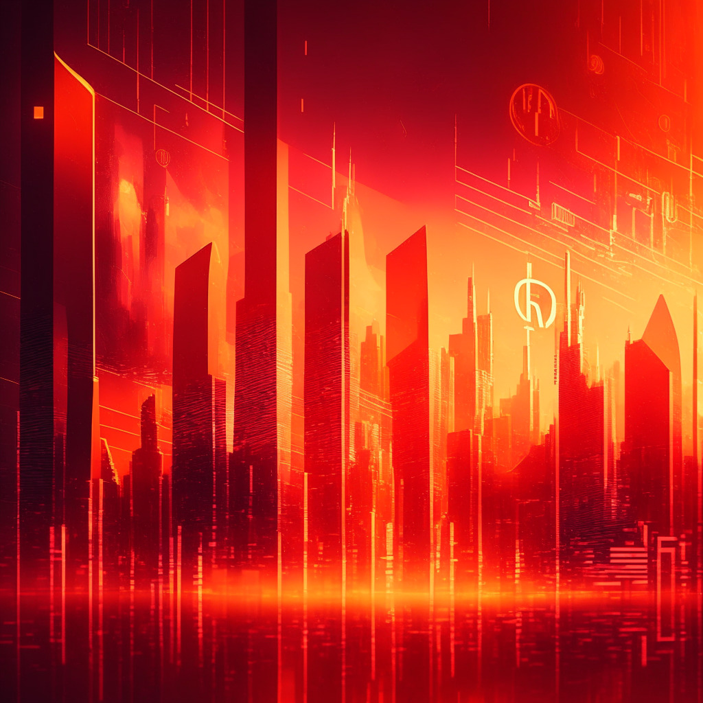 Cryptocurrency theme, futuristic cityscape, abstract financial charts, Ethereum validator queue, tension and urgency, 45-days countdown, light shining on pivotal validator, dull crimson sky, contrasting golden light reflecting on glass buildings, dynamic virtual environment, serious mood.