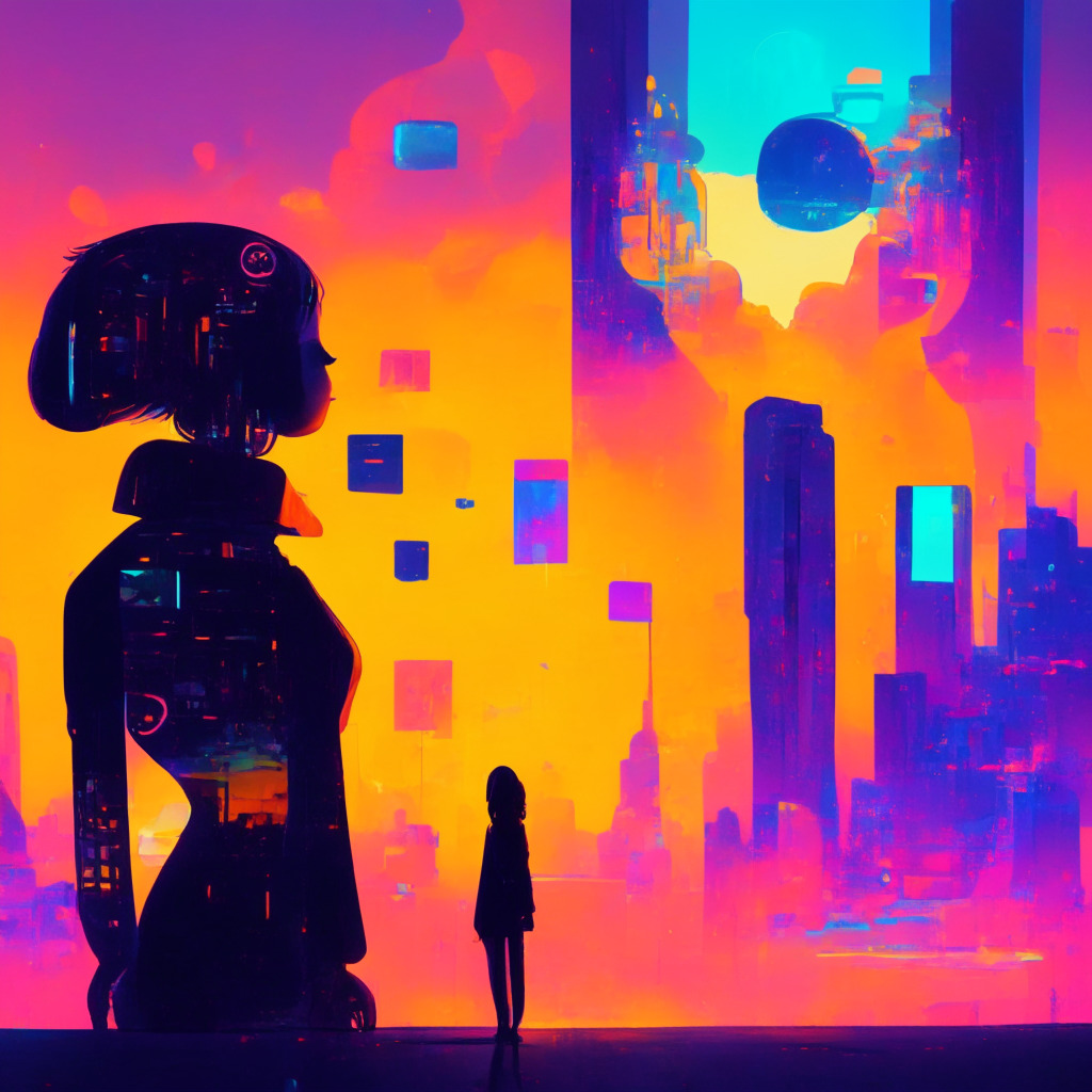 Futuristic cityscape, AI chatbot as a central figure, humans interacting with the chatbot, glowing colorful thought bubbles, abstract elements representing various applications (education, coding, translation), conversational search engine atmosphere, sunset lighting, impressionist style, mood: curiosity, excitement, and caution.