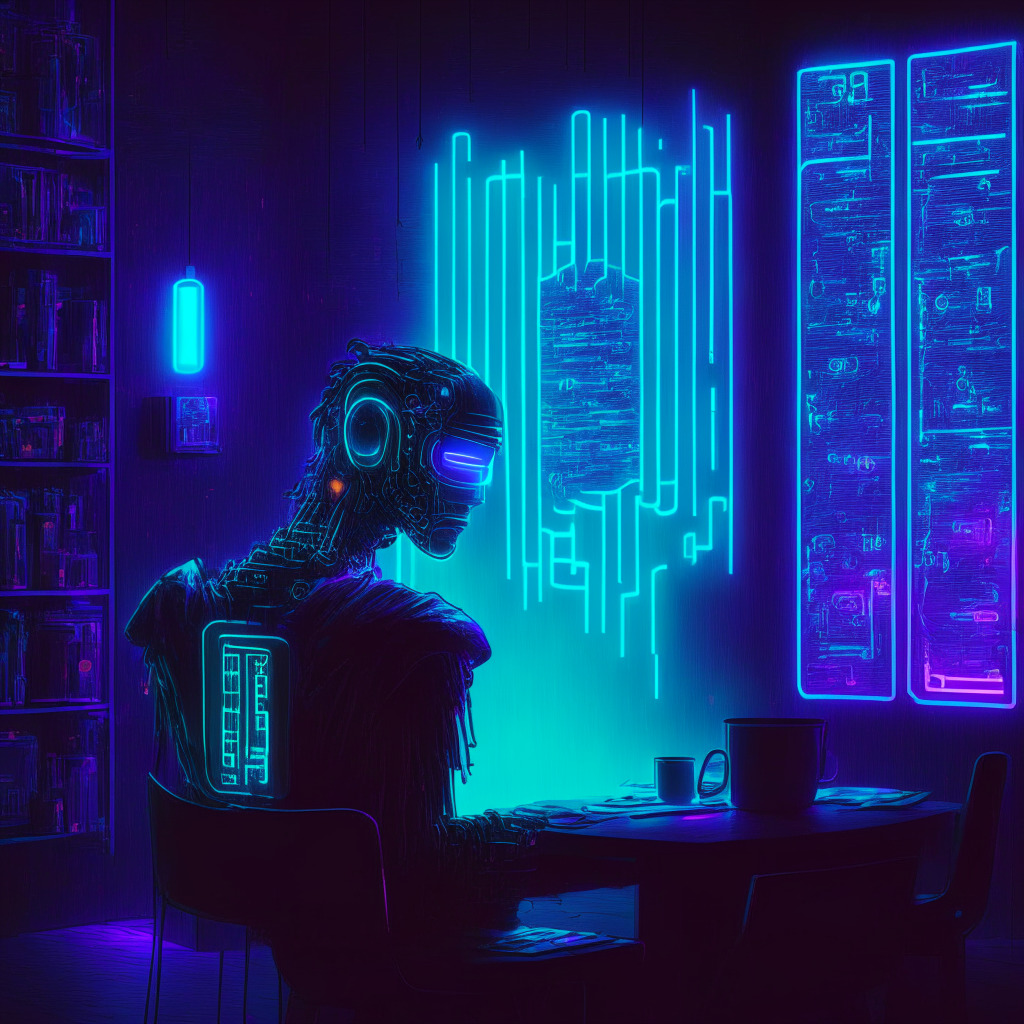AI chatbot as Satoshi Nakamoto in cyberpunk setting, neon-lit room, conversing with crypto enthusiasts, glowing holographic Bitcoin logo, questions and answers surrounding them, warm inviting atmosphere, chiaroscuro lighting, mood of curiosity and exploration, hints of uncertainty, blending classic and modern artistic styles, no brands/logos.