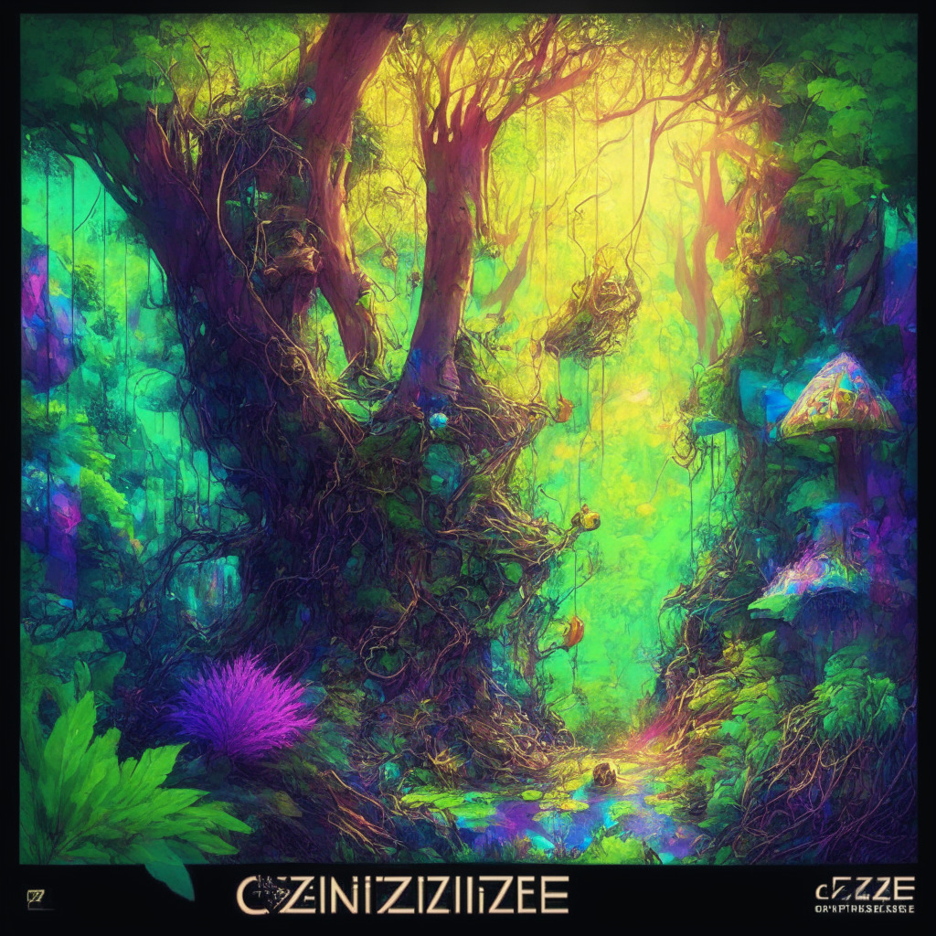 Artistic Web3 ecosystem scene, vibrant colors, Max Chimpzeeski passionately working on a project, Chimpzee NFTs and exclusive merchandise displayed, light dappling through lush trees, interconnected pillars: Shop2Earn, Trade2Earn, Play2Earn, serene mood, inspiring change, subtle charity and environmental themes. (350 characters)