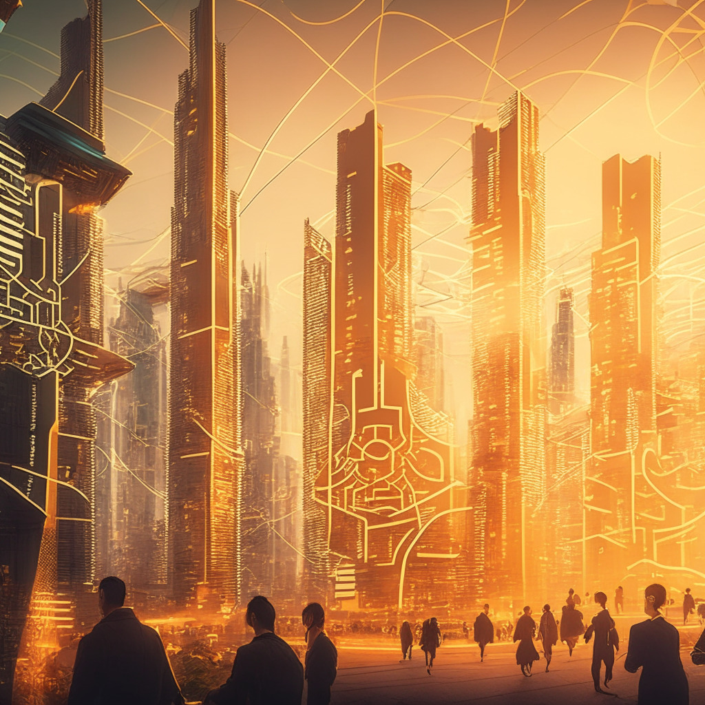 Futuristic cityscape in China, under soft, golden evening light. Patterns of sustainable energy and blockchain symbols flow through buildings, giving an art-deco inspired look. People engaging with glowing digital devices, showing digital yuan transactions. High-tech interfaces at shops, utilities, and public transportation. The mood is hopeful yet complex, charting the cusp of a digital revolution.