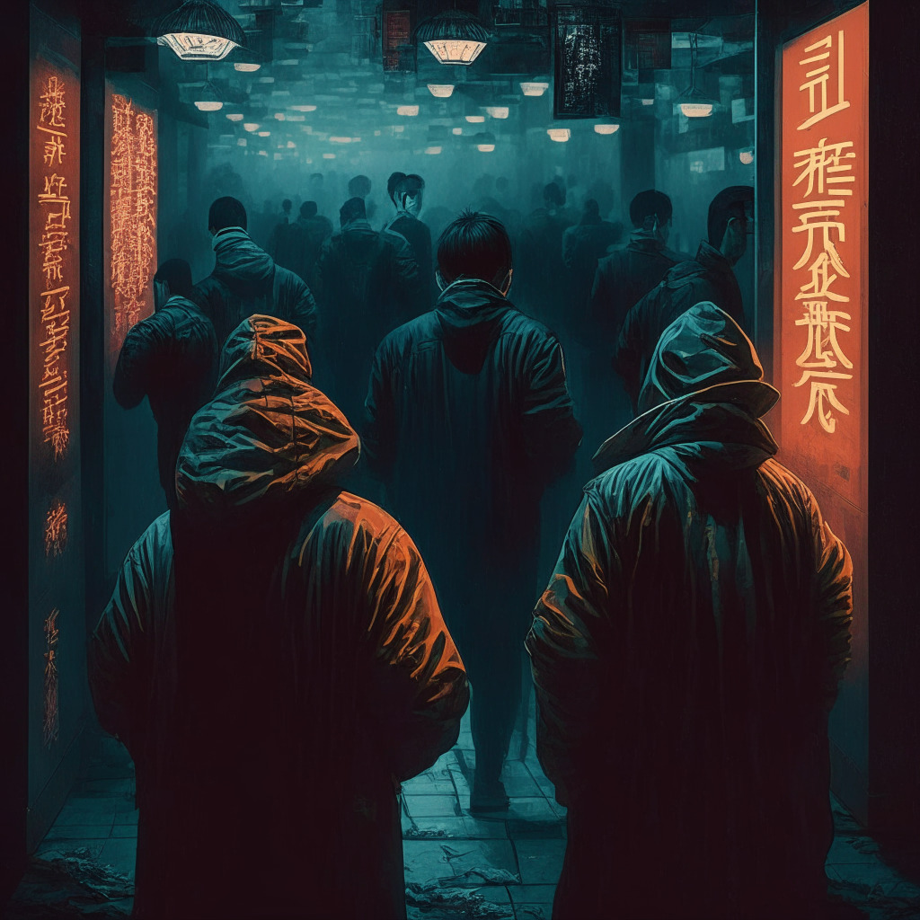 Chinese citizens in digital shadows, risky crypto transactions, third-party accomplices, contrasting hues of illegality & temptation, dimly-lit underground market, cautiously exchanging Bitcoin and USDT, mood of strategic defiance, subtle danger looming, fine line between profit & crime.