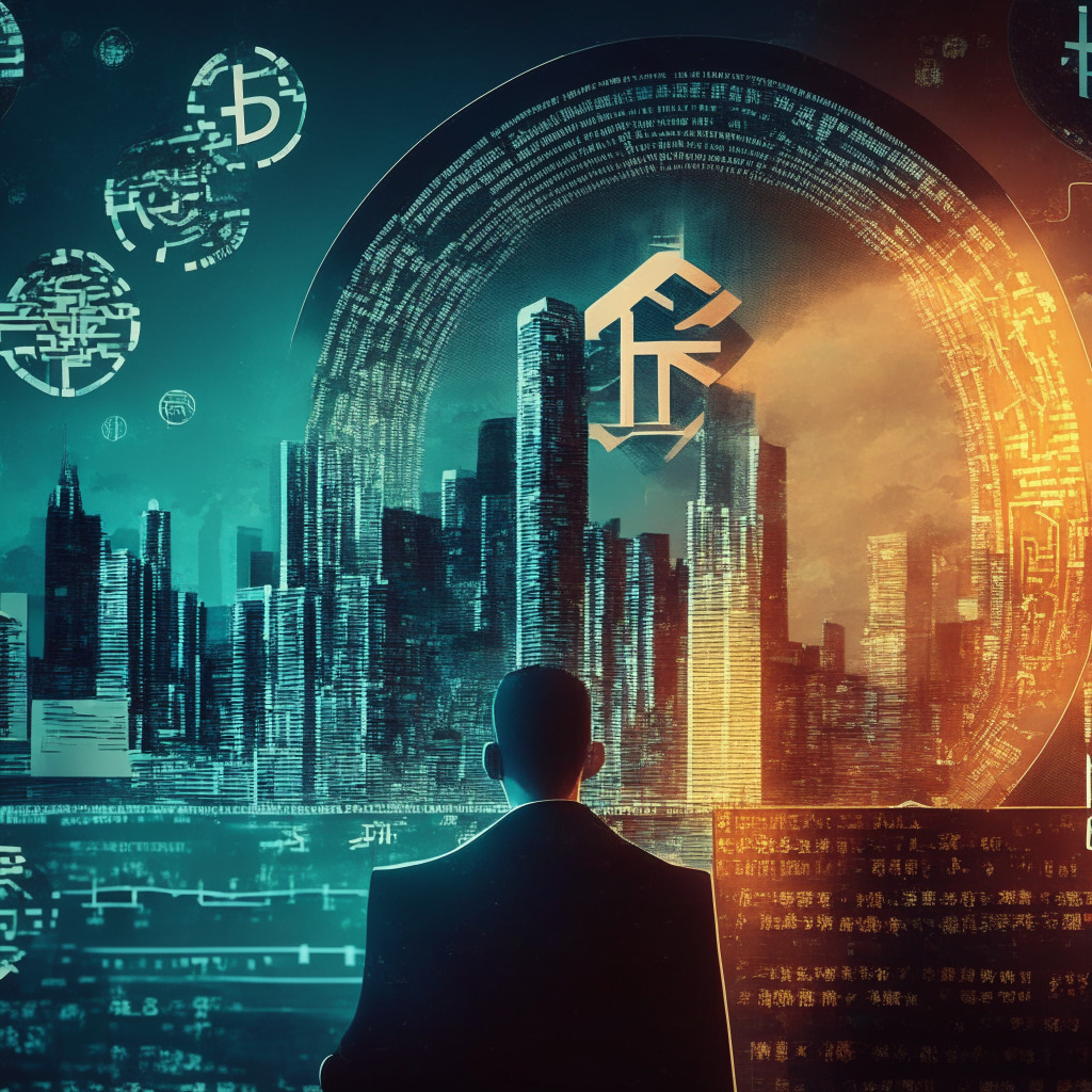 Chinese securities, stablecoin reserves controversy, Tether reputation at stake, intense media scrutiny, dusk city skyline with cryptocurrency symbols, dramatic chiaroscuro effect, abstract representation of financial documents, tension-filled atmosphere, complex interplay between blockchain technology and regulatory concerns, quest for balance and accuracy in reporting.