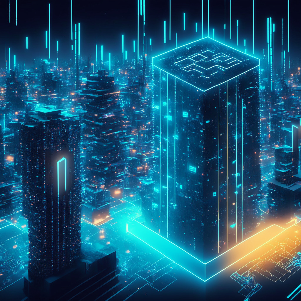 Cryptocurrency staking provider embraces Urbit hosting, futuristic city with blockchain-inspired architecture, ethereal light, visitors exploring network of interconnected nodes, glow of decentralized connections, subtle tension between complexity and accessibility, revolutionary spirit in a digital realm.