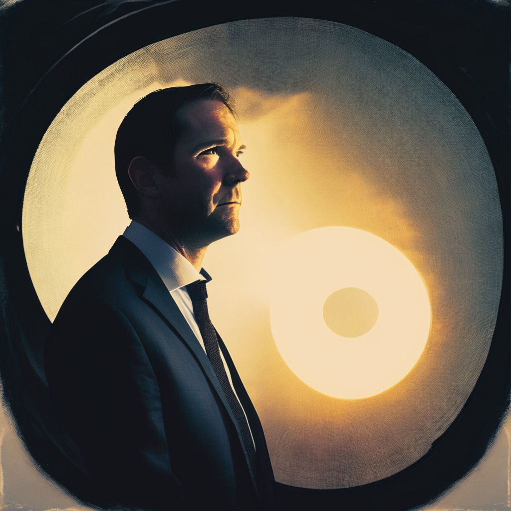 Stablecoin issuer Circle, new chief legal officer Heath Tarbert, intense regulatory scrutiny, challenging regulatory landscape, balance between innovation and compliance, mood of uncertainty and cautious optimism, delicate negotiations, twilight setting with rays of hope, expressive chiaroscuro style.