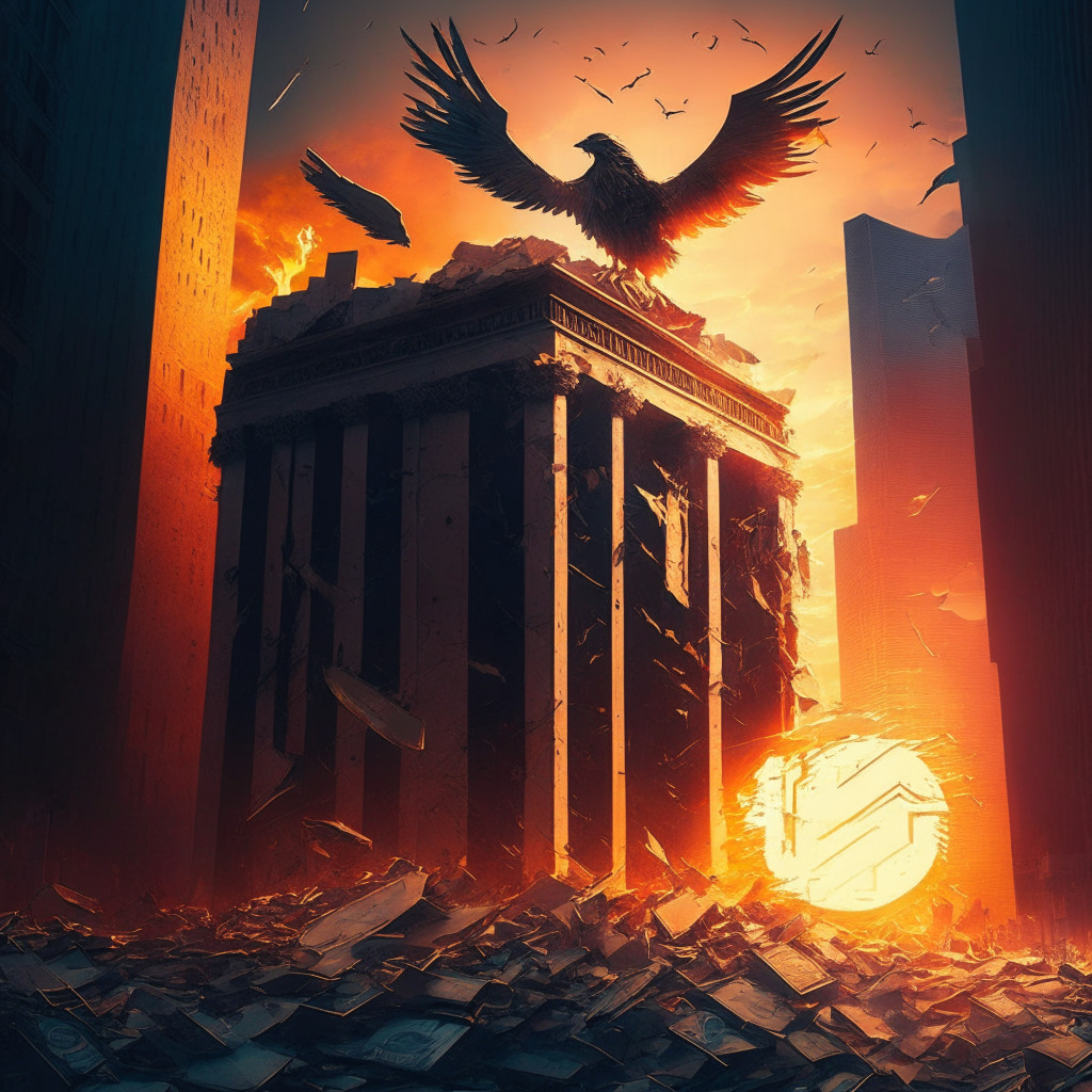 Sunset-lit cityscape, crumbling bank façade, resilient cryptocurrency rising like a phoenix, tense atmosphere, contrasting modern & traditional finance, chaos & calm, shadowed FDIC shield, USDC stablecoin shimmering with adaptability, message of caution & cooperation, dynamic mood.