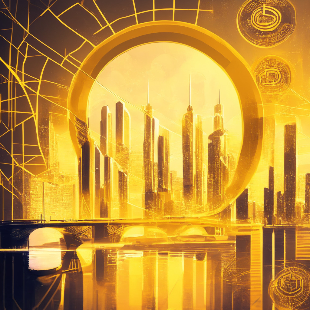 Futuristic digital cityscape illustrating USDC stablecoin launch on Arbitrum, golden hues symbolizing 1:1 exchange ratio, a portal showcasing seamless cross-chain transfers, Ethereum bridge in the background, confident strides leading to blockchain growth, mood of innovation, and touch of impressionist art style.