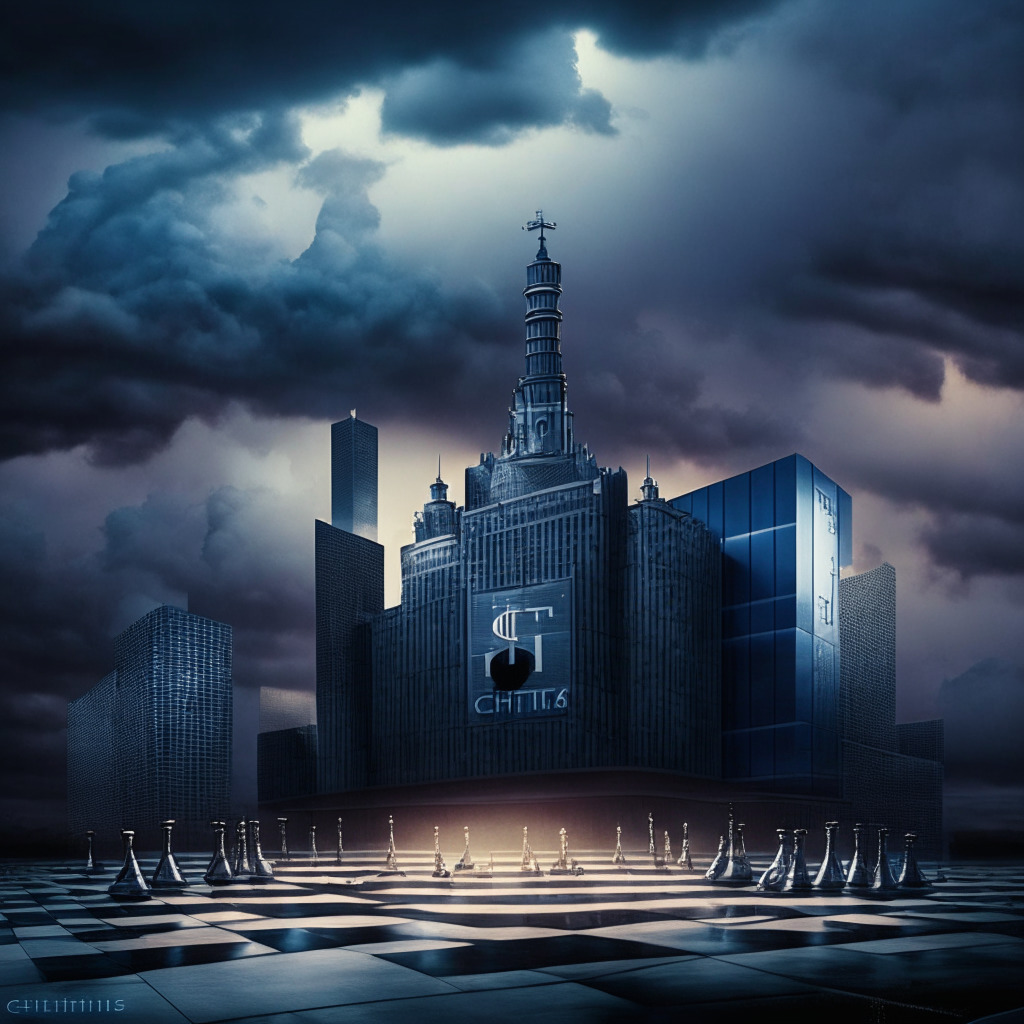 A giant chessboard under moody twilight skies, a large traditional bank building and a futuristic metallic structure portraying Citigroup and Metaco. In the background, a looming storm representing the legal troubles of Ripple Labs. Pawns, representing other custody providers, are lined up at the sidelines waiting. The scene bathed in the cool, ethereal glow of technological uncertainty, reflecting the speculative and volatile nature of the cryptocurrency market.