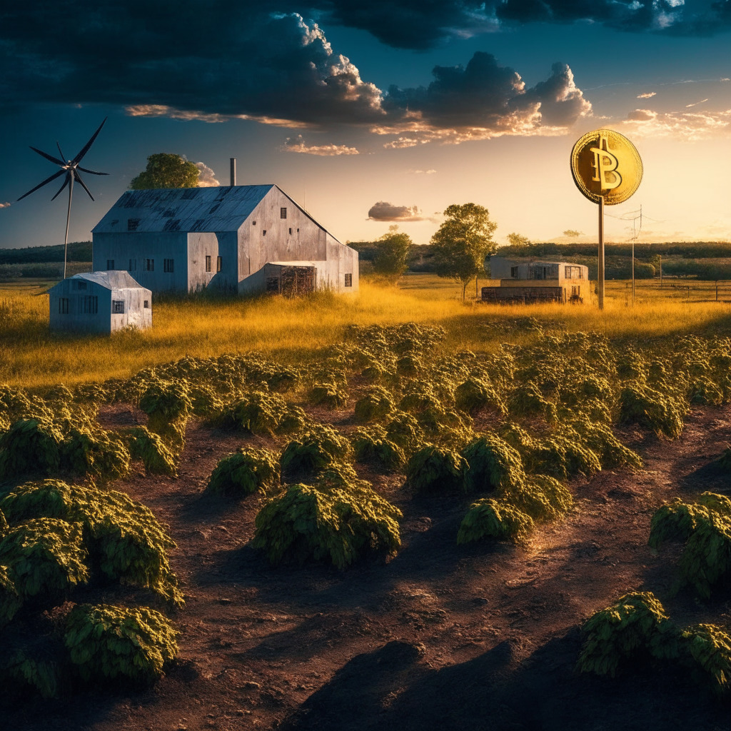 Bitcoin mining expansion, Georgia countryside, Antminer S19 XP units, golden shining coins, eco-friendly facilities, dusk sky, economic growth, artistic rural landscape, hopeful yet uncertain mood, fluctuating market backdrop, race for power efficiency.
