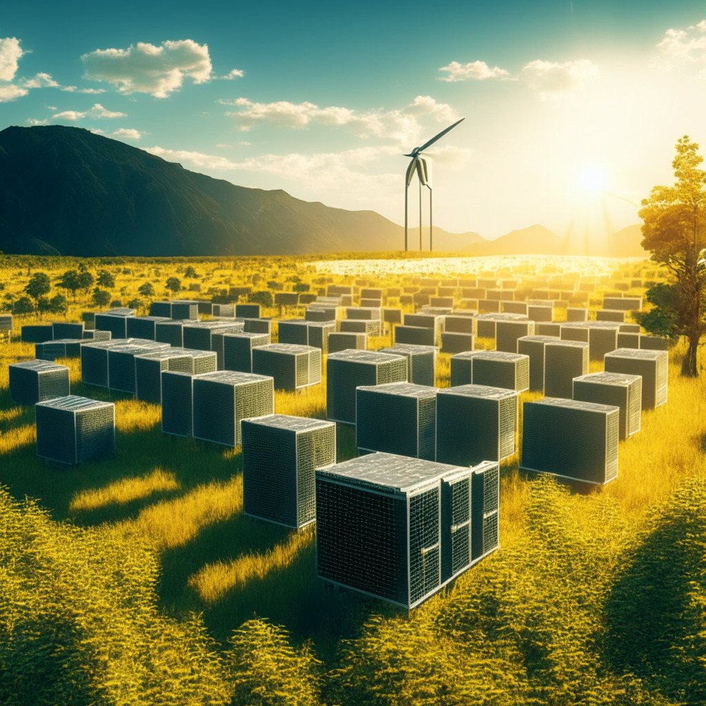 Sustainable crypto mining facility, sunlit scene, Georgia landscape, 6,000 Antminer S19 XP & S19J Pro+ rigs, power-efficient vibes, green energy, promising future, upcoming Bitcoin halving anticipation, sense of innovation and investment, subtle optimism.