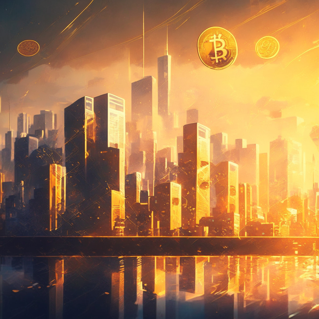 Cryptocurrency firm settlement scene, dusk cityscape backdrop, transparent legal scales balancing innovation and regulation, holographic currency symbols hovering over city, warm golden hues, dynamic brush strokes, mood of cautious optimism, 350 characters.