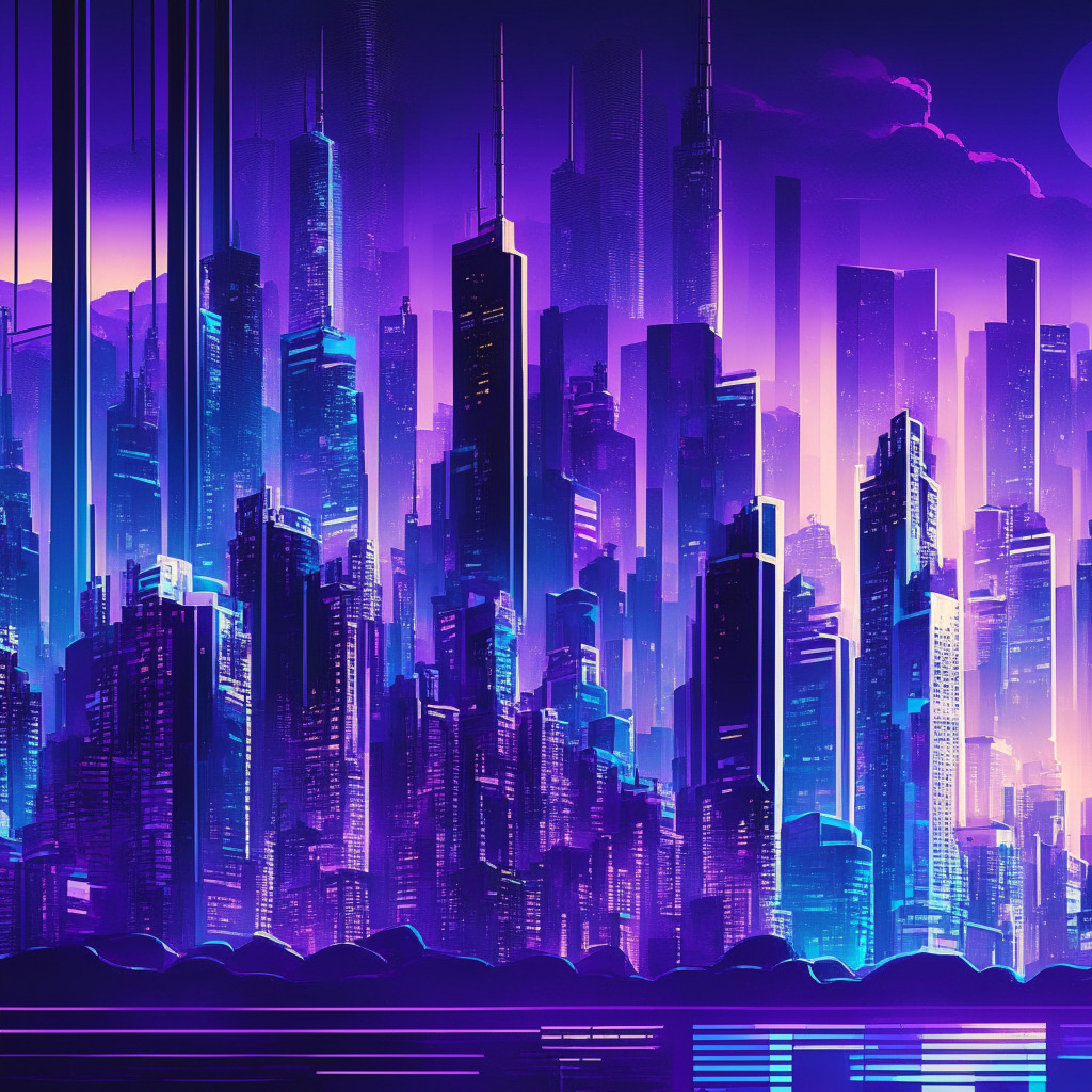 Cryptocurrency platform settlement, balance of regulation & innovation, Hong Kong cityscape in twilight, cool hues of blue & purple, transparent overlapping blockchain & legal elements, tense atmosphere, glimmers of golden light depicting hope for future, subtle Art Deco style to evoke history of regulations.