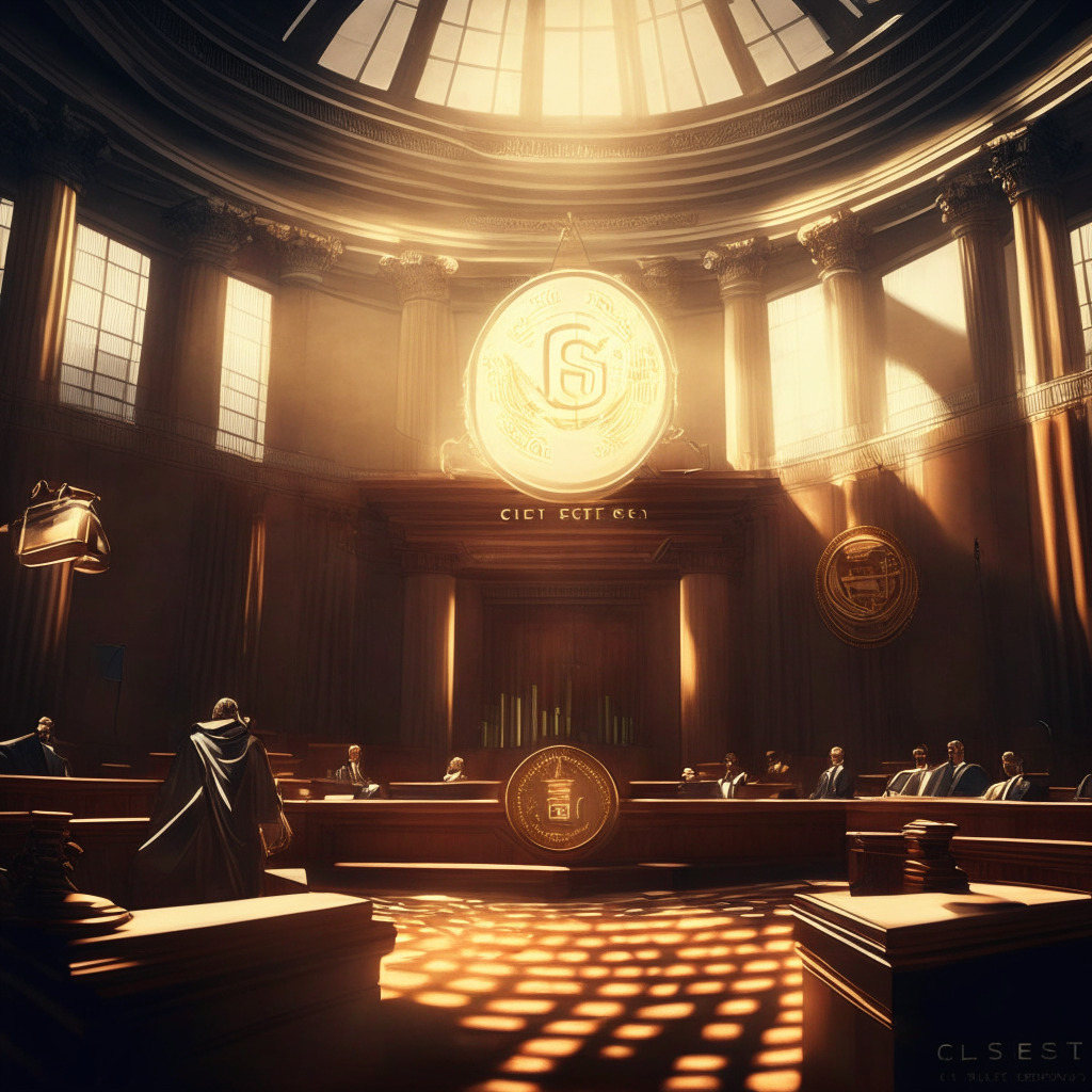 Cryptocurrency exchange vs SEC scene, courtroom setting, balance scales and gavel, warm and soft lighting, expressive faces, contrasting rays of clarity and confusion, a subtle tension in the air, hopes of clear regulatory framework, U.S. Court of Appeals, blockchain elements, an atmosphere of anticipation.