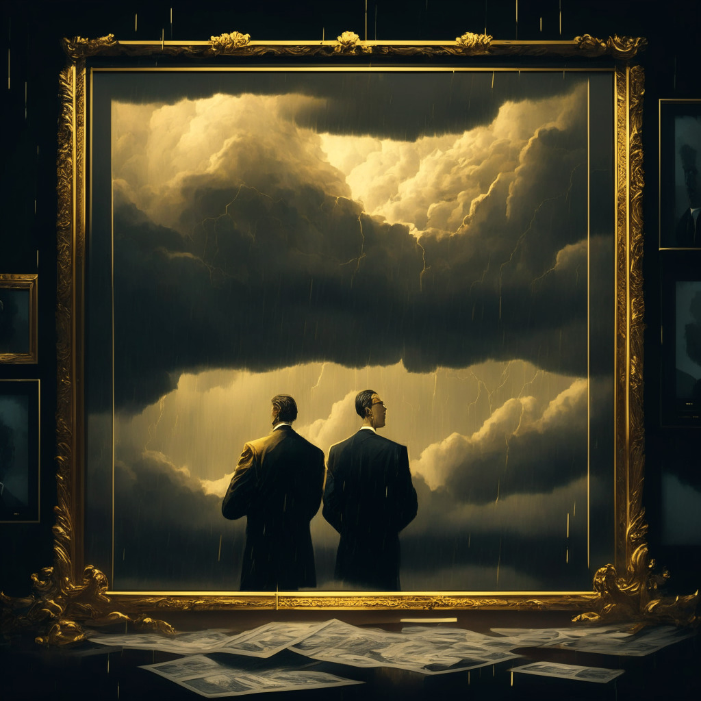 Cryptocurrency turmoil, CEOs facing losses, dimly lit office, SEC lawsuit documents, concerned expressions, Armstrong & Zhao side-by-side, intricate baroque gold frame, muted color palette, subtle light from computer screens, somber mood, stormy clouds in the background.