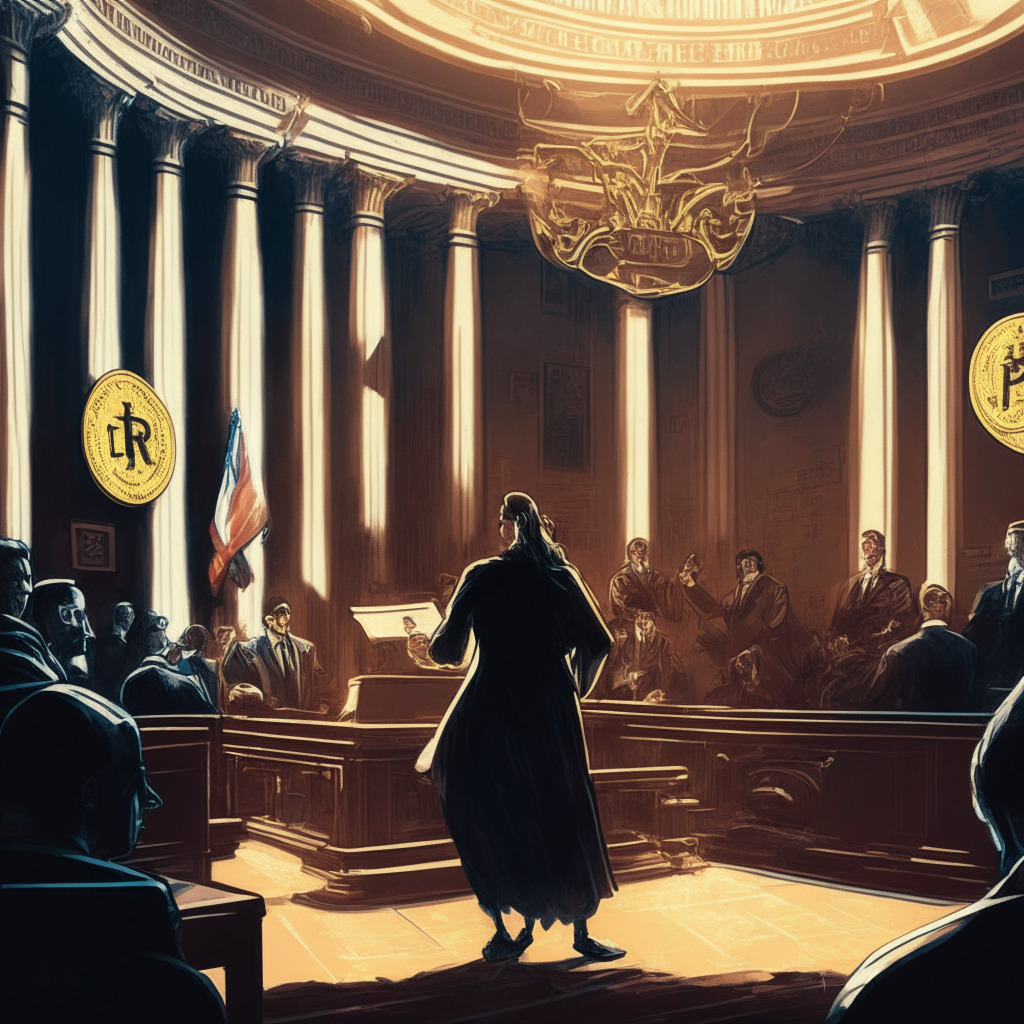 Cryptocurrency court battle scene, Coinbase CEO defending against SEC lawsuit, balanced scale of justice, unclear regulatory guidelines in background, U.S. High Court looming overhead, serious and determined mood, light emphasizing determination, chiaroscuro contrast, evoking legal resilience, artistic style reminiscent of Baroque paintings, subtle signs of political influence.