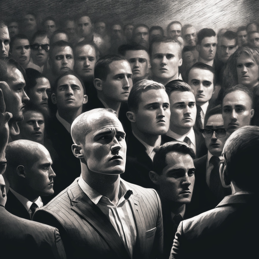 Skeptical crowd around Coinbase CEO, tense atmosphere, dramatic chiaroscuro lighting, artistic film noir style, divided crypto community, Armstrong's controversial share sale, SEC lawsuit looming, contrasting opinions, intricate detailing: transparency, trust, & loyalty themes.