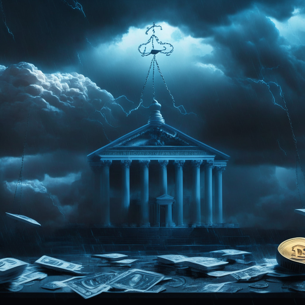 Cryptocurrency exchange in regulatory turmoil, diverse task force filing charges, gloomy courtroom backdrop, legal papers scattered, scales of justice symbolizing fairness, stormy skies contrasting cautious optimism, hues of gray and blue, chiaroscuro lighting for dramatic effect, tension looming in the air.