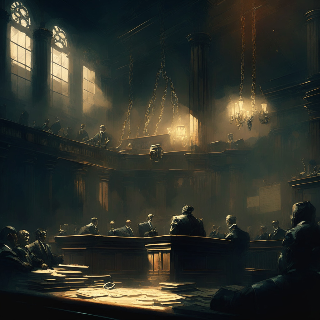 Intricate courtroom setting, subdued lighting, digital coins wrapped in chains, concerned investors, tense atmosphere, vivid oil painting style, mix of vintage and modern elements, contrasting shadows and highlights, somber mood reflecting uncertainty and legal conflict.