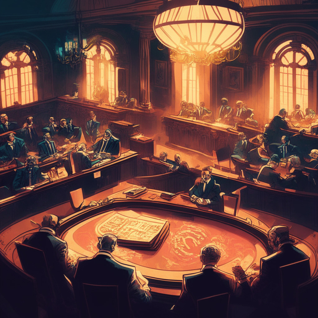 Intricate courtroom scene: judges, lawyers, & Coinbase executives deep in discussion, blending Baroque & modern styles, warm dim light emitting from crystal chandelier, tension palpable, air of urgency as Coinbase fights for cryptocurrency regulations, contrasting cool & warm colors conveying ongoing conflict & hope for clarity in the crypto industry.