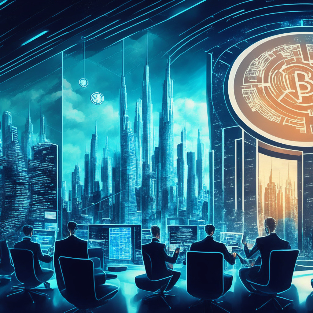 Cryptocurrency exchange scene, Coinbase plans announcement, Bitcoin & Ethereum futures contracts, CFTC-regulation, institutional investors, leverage 5X, nano contracts, Bermuda derivatives exchange, perpetual futures, USDC settlement, SEC regulation process, Chair Gary Gensler, liquidity & volatility, artistic representation: futuristic financial skyline, blend of light & dark elements, dynamic mood.