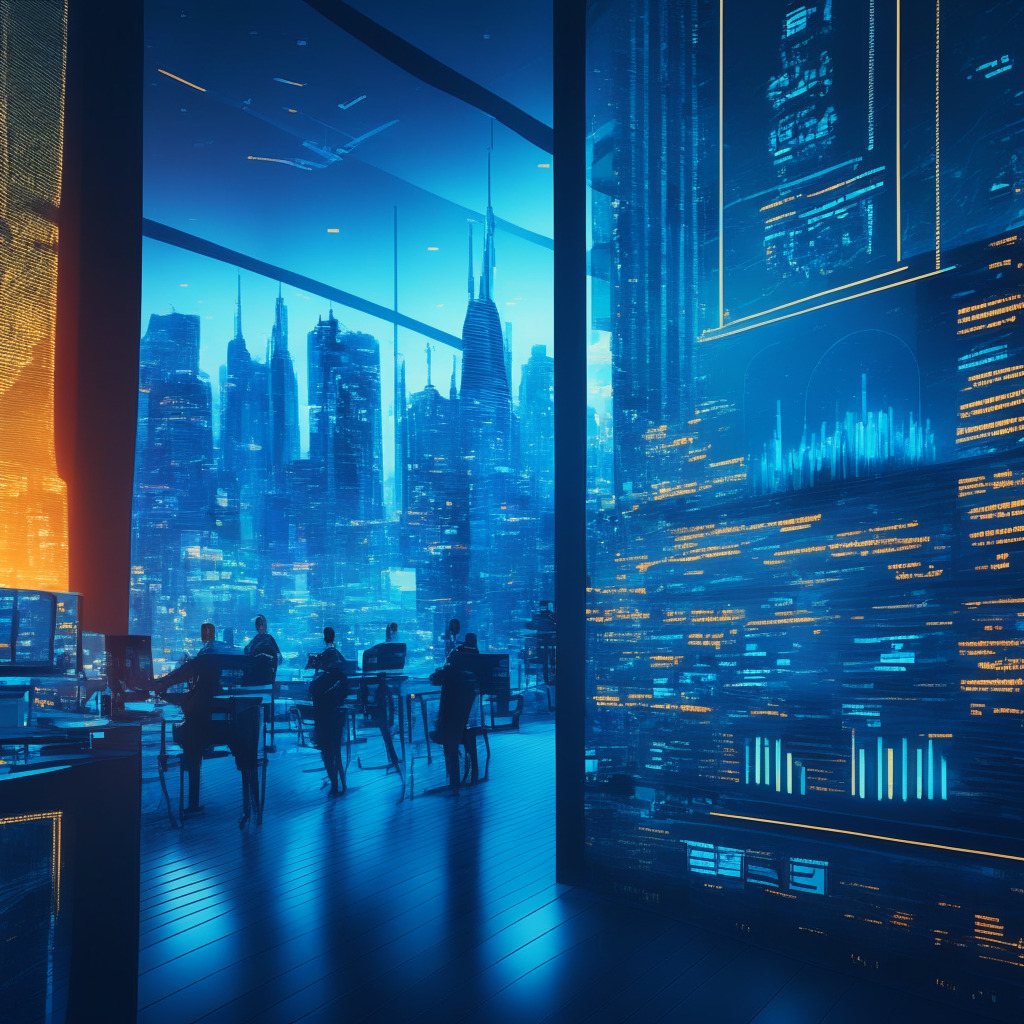 Futuristic trading floor of a Coinbase Derivatives Exchange, cryptocurrency symbols of Bitcoin & Ether, digital assets in motion, trading contracts filling screens, city skyline in blue & gold dusk light, vibrant atmosphere, sleek & modern architecture, cautious optimism, and a touch of tension among traders.