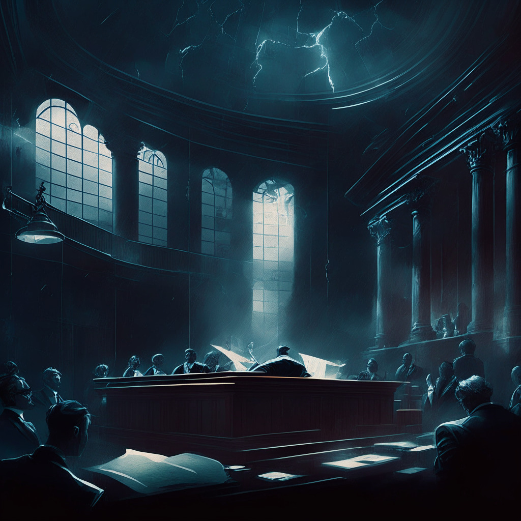 Stormy courtroom scene with digital scales of justice, major crypto stakeholders, legal documents, SEC symbol, a dimly lit atmosphere, baroque art style, chiaroscuro lighting to evoke tension, juxtaposition of innovation vs. regulation, uncertainty lingering in the air, visualizing potential impact on the crypto market industry. (350 characters)