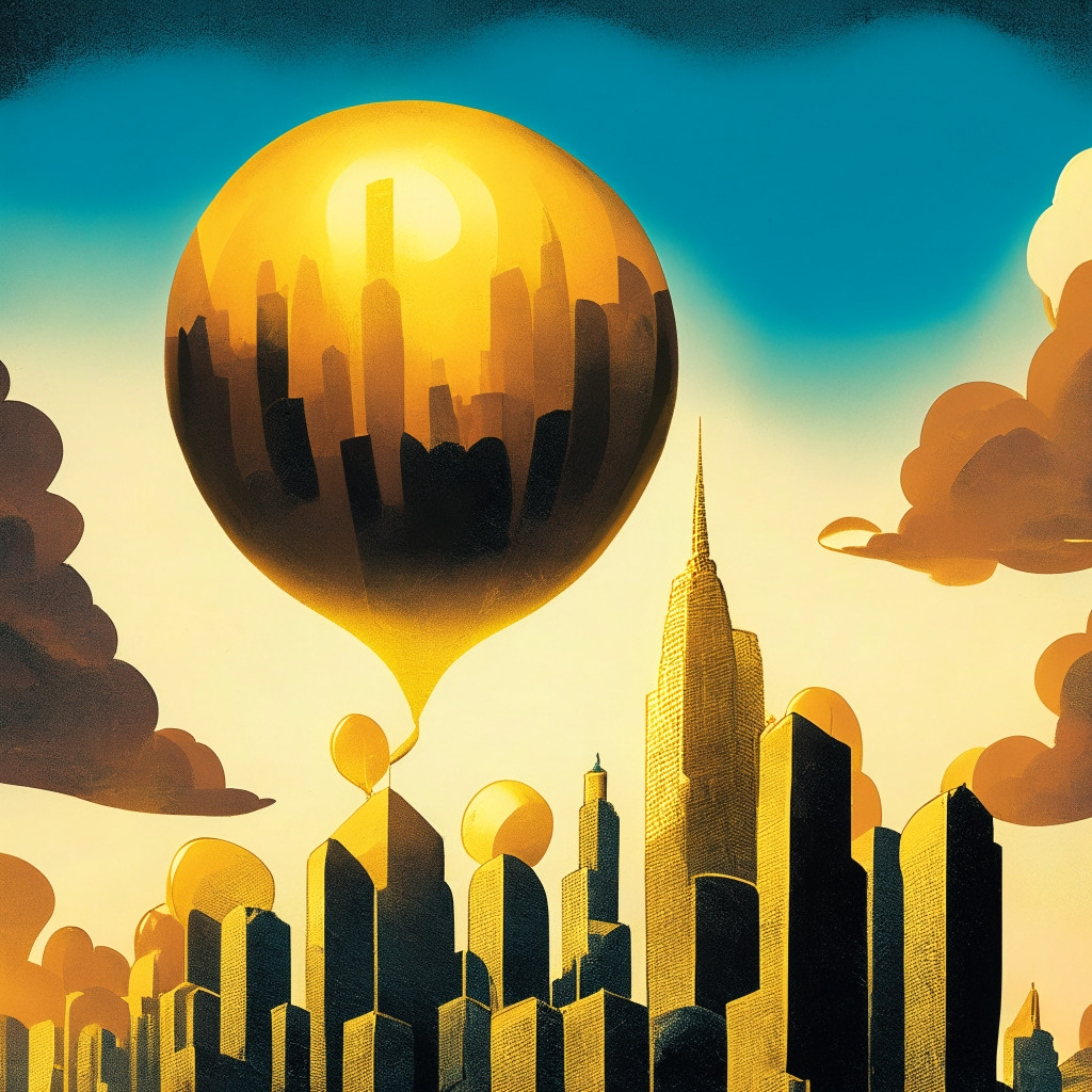 Surrealistic interpretation of skyline, cityscape symbolizing Coinbase's monumental rise, glowing with hues of gold in a late afternoon light, expressing optimism amid the shadowy clouds of risk and legal uncertainty, Bitcoins multiplied in a whimsical ETF balloon floating upward. A looming regulator's gavel casts an ominous silhouette, the mood tense, uncertain.