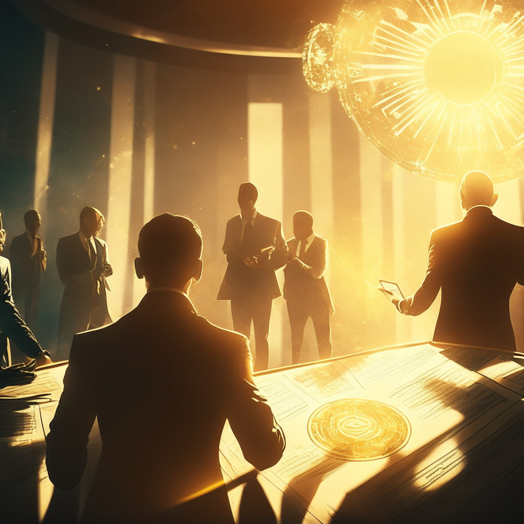 Intricate crypto exchange scene, soft light setting, golden lens flare, commitment and defiance mood, dynamic composition, atmospheric tension. Description: CEO confidently presenting staking service at center, legal documents and looming regulatory shadow in the background, diversification strategy elements surrounding, sense of bold decision-making.
