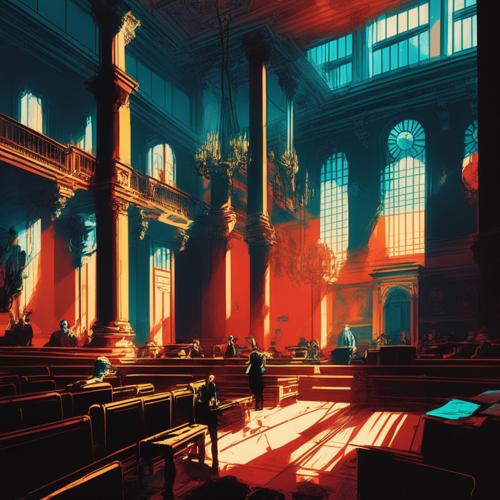 Intricate courthouse interior, tense atmosphere, contrasting light and shadow, SEC vs Coinbase lawsuit, crypto exchange issues, investors observing, bold color palette, hint of uncertainty, innovative vs regulatory forces, symbolic scales tipping, dynamic composition.