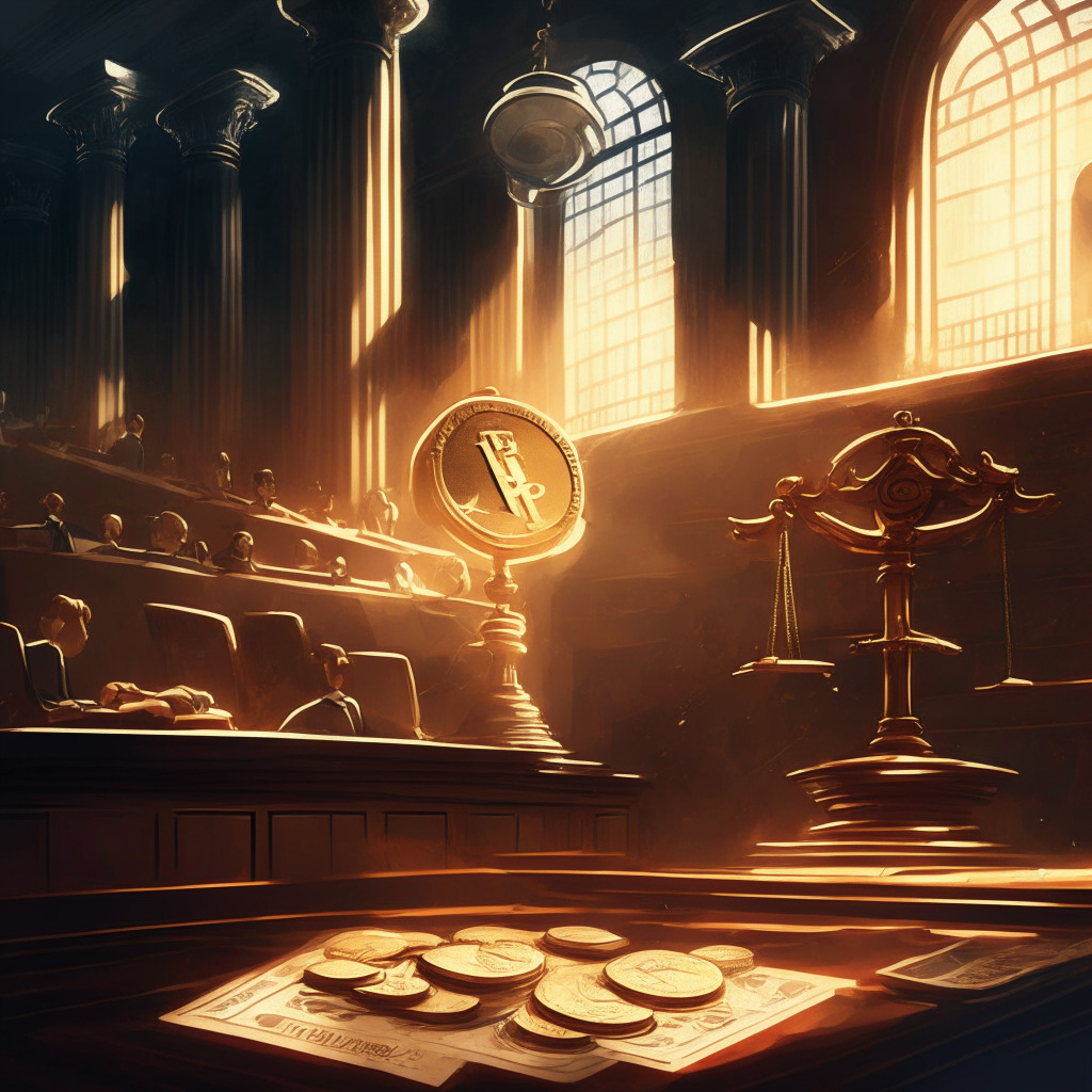 Cryptocurrency exchange courtroom victory, intricate balance of power, somber courtroom, warm-toned scales of justice, a split voting card, arbitration gavel, contrasting light and shadow, dynamic brushstrokes, uncertain mood, digital coins in the background.