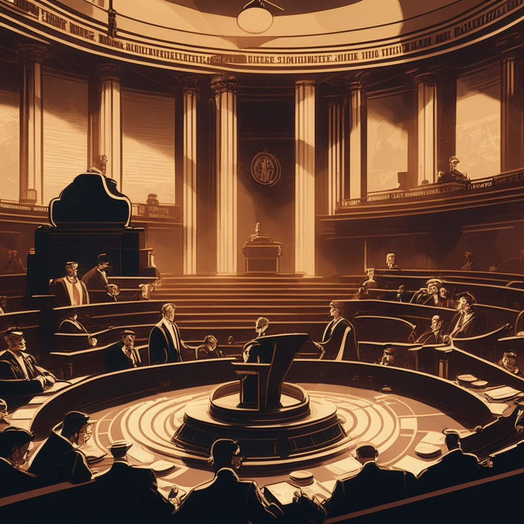 A digital courtroom scene, multiple crypto coins as witnesses (Solana, Cardano, Polygon), SEC and Coinbase representatives in debate, 1920s Art Deco style, soft yet dramatic lighting, a GOP-led bill as the judge, mood of uncertainty and tension, emphasis on the quest for transparent legislation.