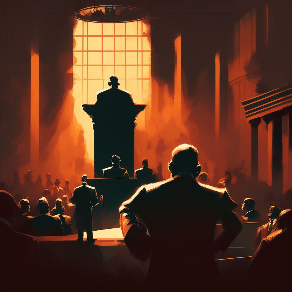 A heated courtroom scene, painted in the style of a dramatic realism with rich, warm hues. In the center, a digital exchange and a regulatory body presented as faceless entities locked in a power struggle, illuminated by harsh spotlight. Their shadows cast over a crowd symbolizing the crypto industry, under a foreboding, stormy sky conveying tension and uncertainty.