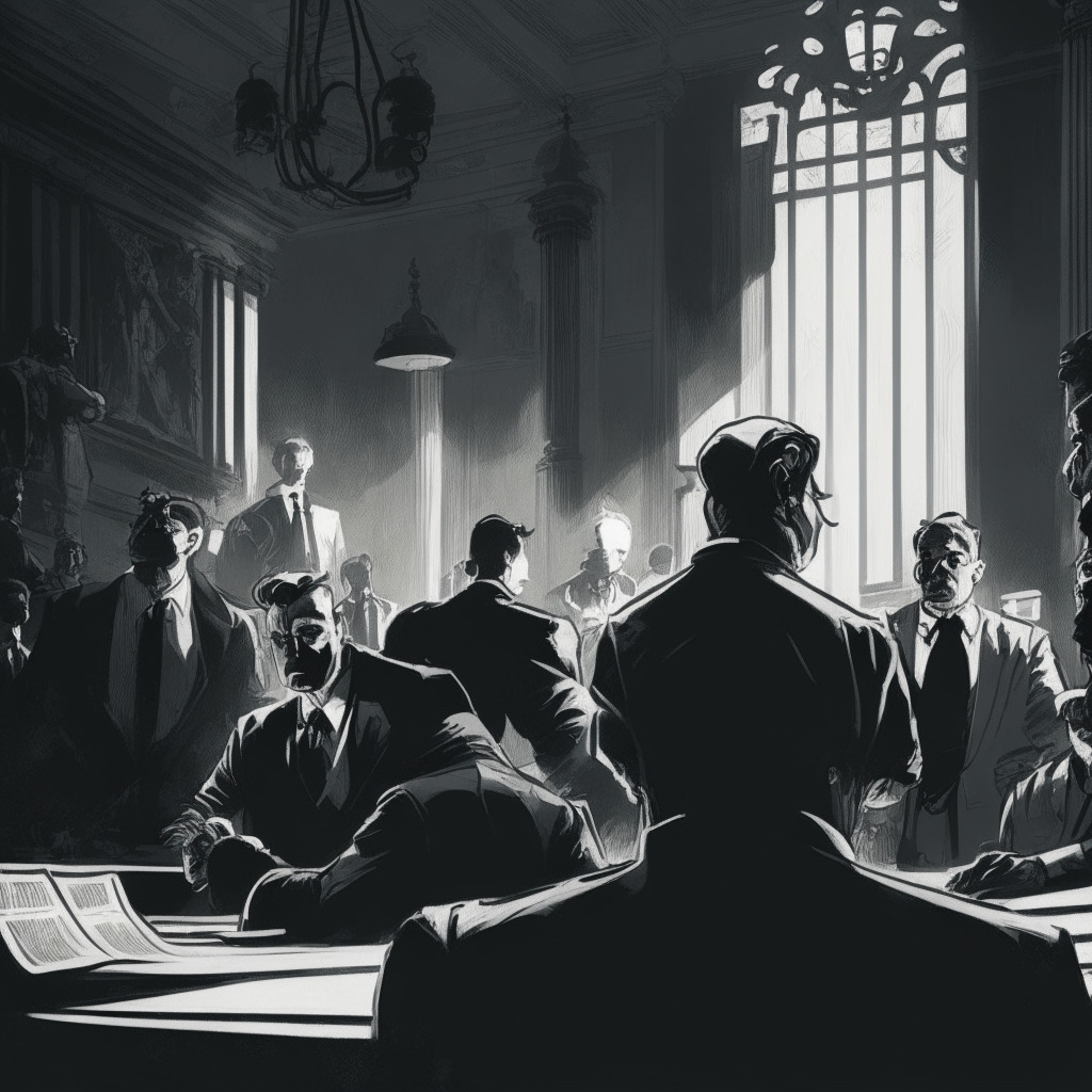 Intricate courtroom scene, tensions running high, Coinbase executives and SEC officials engaged in heated debate, elegant art nouveau style, strong chiaroscuro contrast with dramatic shadows, grayscale color palette, intense gazes exchanged, seeking clarity on crypto regulation, a shadowy figure in the background symbolizing regulatory uncertainty.