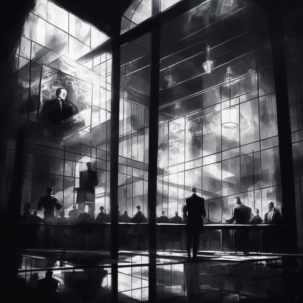 Cryptocurrency exchange vs SEC, legal battle, intricate balance of regulations, innovative blockchain future, chiaroscuro lighting, tension and uncertainty, determination, grayscale impressionist style, transparent glass structure symbolizing clarity in legislation, thoughtful atmosphere.