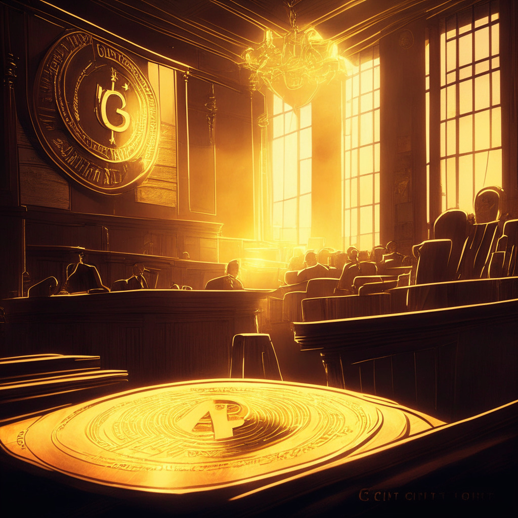 Cryptocurrency lawsuit scene, classic courtroom background, SEC vs. Coinbase text etched on wooden plaque, legal scale on a table, glowing blockchain lines hovering above, warm golden light streaming through windows, chiaroscuro painting technique, tense atmosphere, contrasting elements of light and dark, the quest for regulatory clarity.