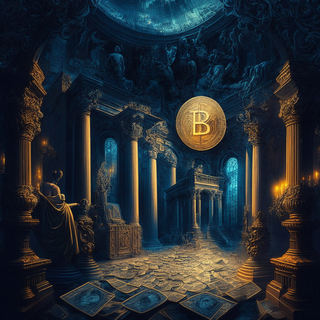 Intricate financial landscape, Coinbase launching Bitcoin & Ethereum futures, June 5, institutional investors focus, potential mainstream adoption, concerns of market manipulation, volatile crypto market, blend of optimism & skepticism, chiaroscuro lighting, Baroque-inspired artistic style, tense mood.