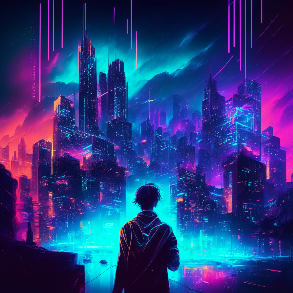 Crypto super-app vision, blockchain technology, Web3 economy, vibrant cityscape, futuristic skyline, glowing neon lights, users interacting with holographic digital interfaces, moody and dramatic atmosphere, chiaroscuro lighting, evoking optimism and uncertainty, blending realism and abstract artistry.
